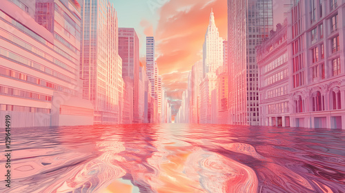 Fading light in a dreamlike cityscape with melting buildings , surreal, melting. Surreal Melting Architecture. Illustration