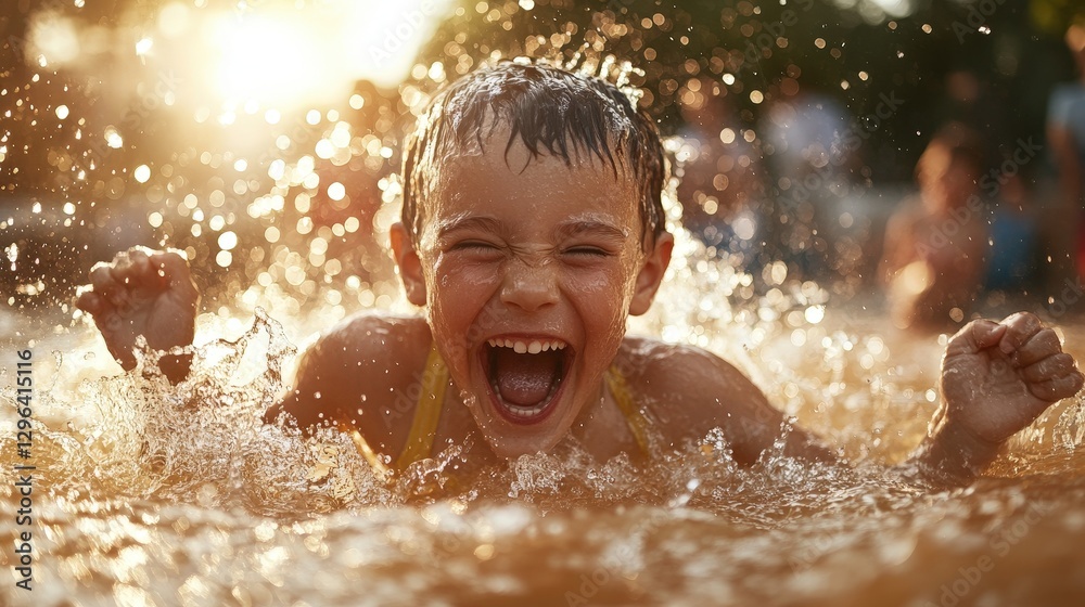 Obraz premium A vibrant image capturing the sheer joy of a child splashing water while laughing, surrounded by a warm sunset glow, embodying carefree summer moments and childhood bliss.