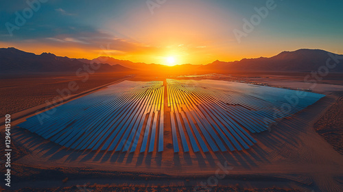 a stunning aerial view of a solar farm set against a desert sunset, symbolizing sustainable energy and innovation. This breathtaking scene captures the future of clean power.