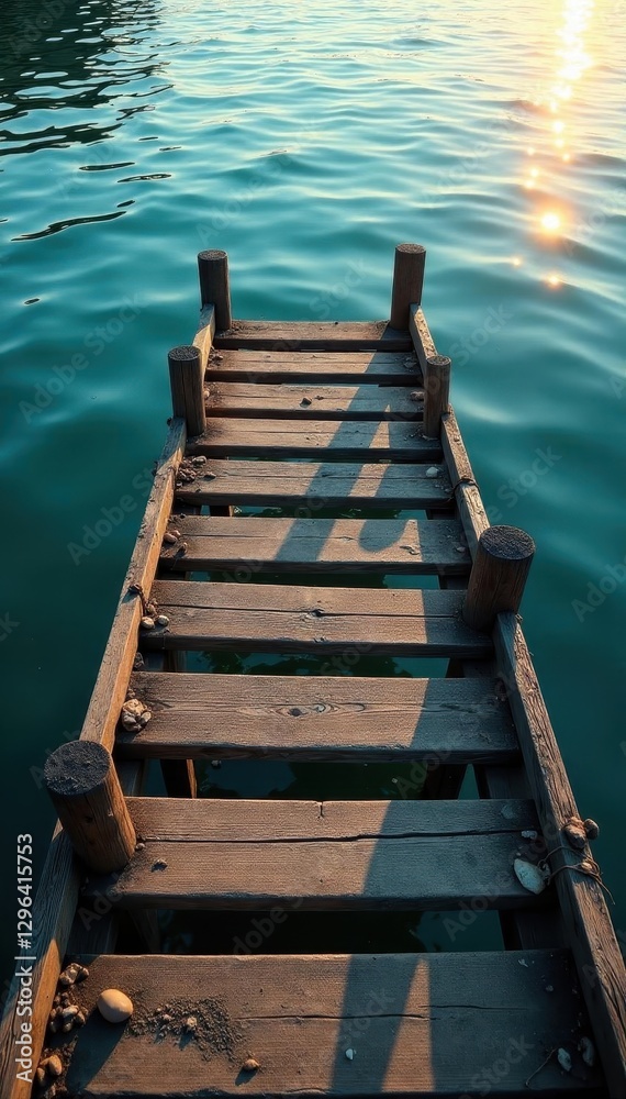 Fototapeta premium Old weathered dock, sun-dappled water ripples gently, peaceful, sunbeams, shadow