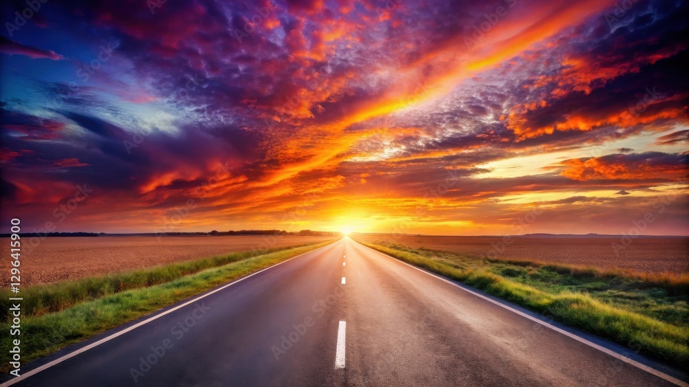 Fototapeta premium Asphalt Road Leading to a Vibrant Sunset Over a Rural Landscape