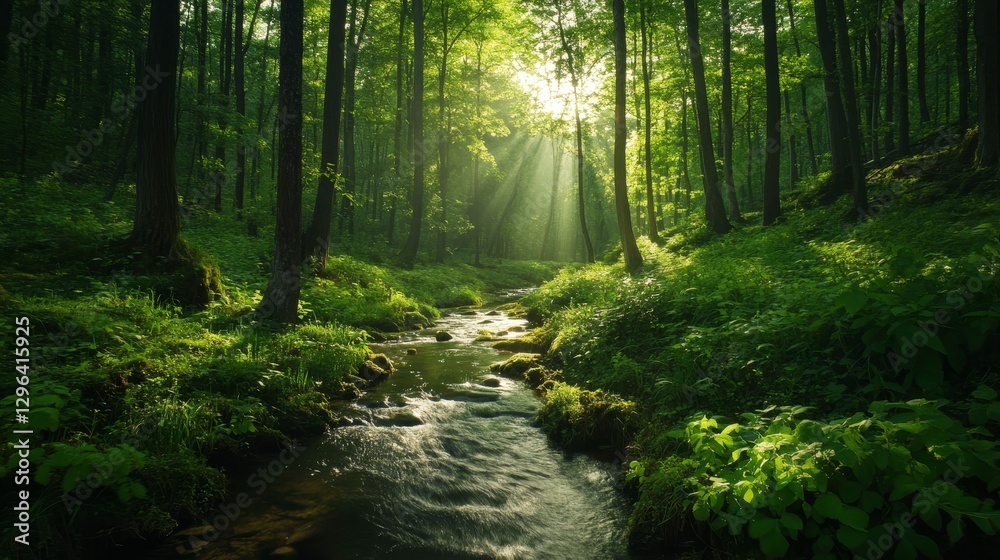 Fototapeta premium Stream and Sunlight in Verdant Forest - Serene stream flows through lush green forest, sunlight filtering through leaves, creating magical atmosphere. Symbolizes peace, nature, tranquility, renewal