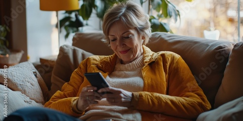 An elderly woman in a comfortable home setting, engrossed in her smartphone.