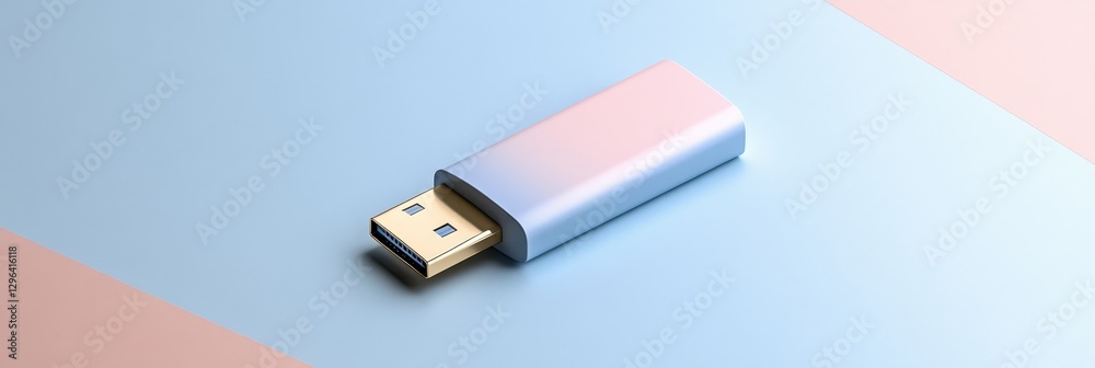 Fototapeta premium Stylish Pink and Blue USB Flash Drive - A modern pastel pink and blue USB flash drive on a light blue and pink background. Ideal for tech, data storage, and concepts