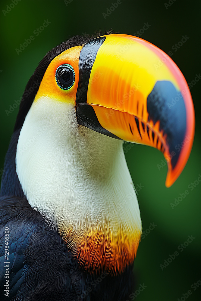 Obraz premium Toucan with vibrant beak on lush green background