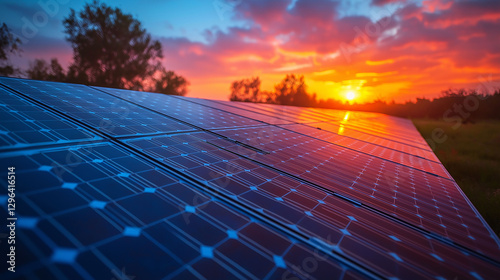 a stunning view of solar panels at sunset, harnessing clean energy for a sustainable future. This captivating scene symbolizes innovation, renewable power, and environmental conservation.