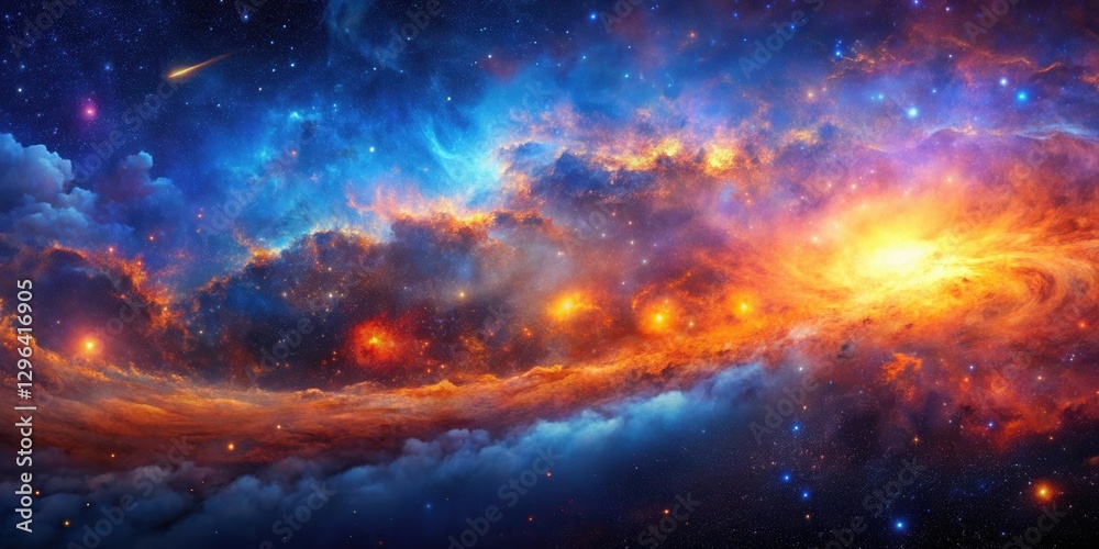 A Celestial Tapestry of Fiery Nebulae and Sparkling Stars Adorned with a Shooting Star Across the Vast Expanse of the Cosmos A Celestial Tapestry of Fiery Nebulae and Sparkling Stars Adorned with a Shooting Star Across the Vast Expanse of the Cosmos