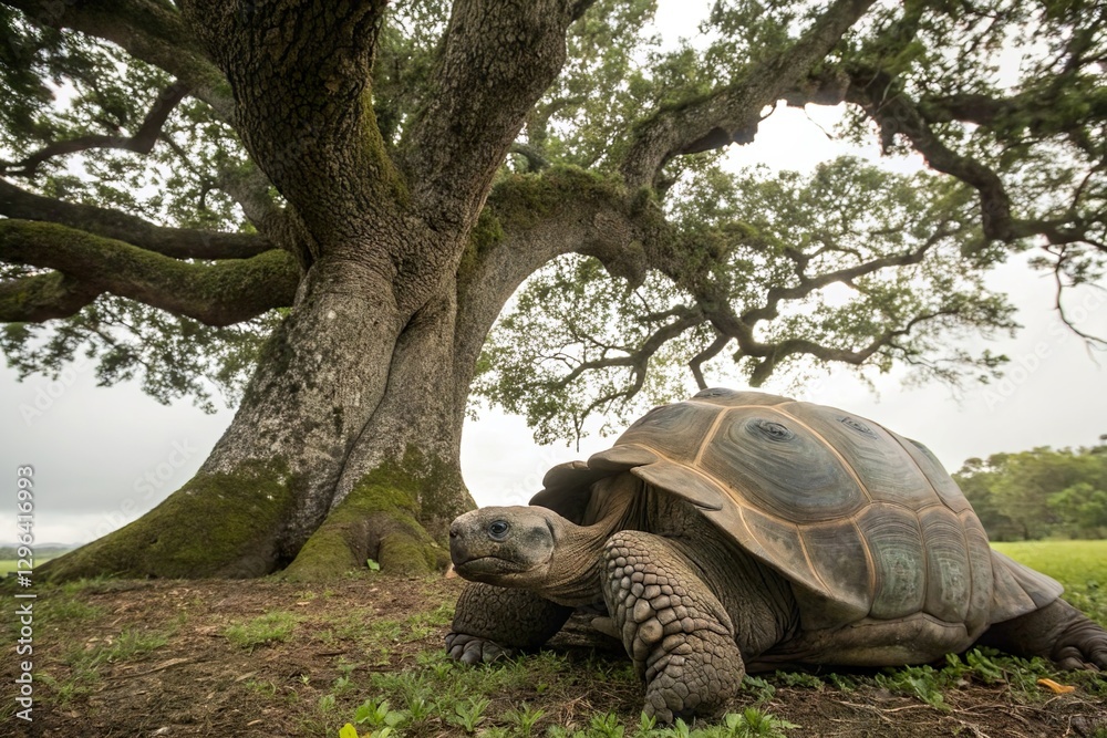 old turtle rest under ancient tree. Wildlife and nature longevity old turtle rest under ancient tree. Wildlife and nature longevity