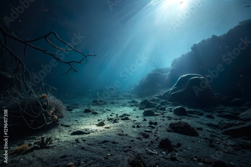 deep dark ocean floor with sunlight filter down