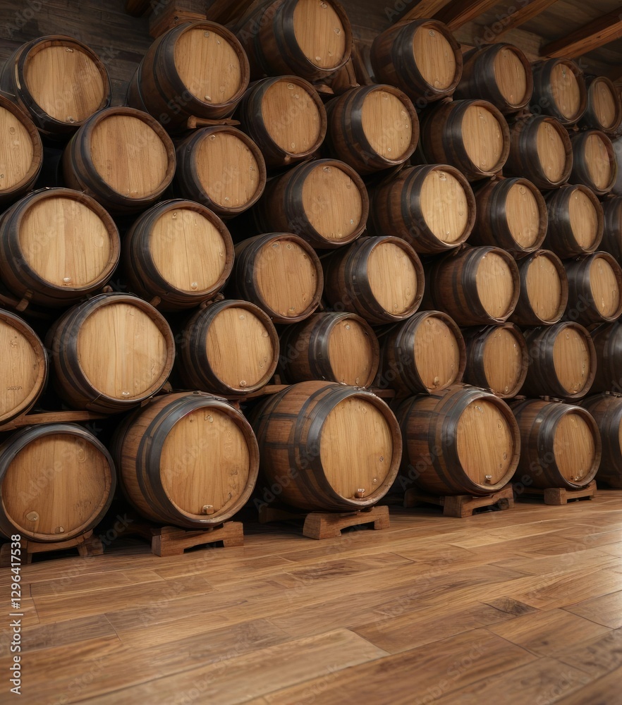 Wooden wine barrels stacked haphazardly on a wooden floor, wine, supplies Wooden wine barrels stacked haphazardly on a wooden floor, wine, supplies