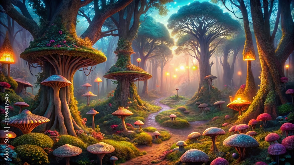 Fototapeta premium Enchanting Glowing Fantasy Forest: Aerial View of Ancient Trees & Magical Creatures