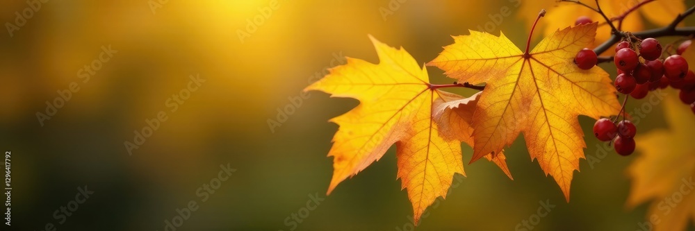 Fototapeta premium Yellow autumn leaves on bush branch with berries, autumn leaves, season