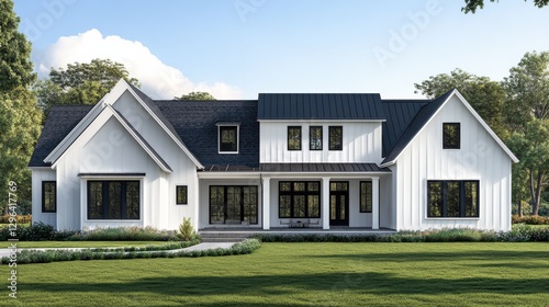 A brand new, white contemporary farmhouse with a dark shingled roof and black windows.