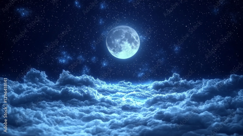 Dramatic Night Sky with Full Moon Illuminating Clouds and Stars Above a Mystical Horizon Dramatic Night Sky with Full Moon Illuminating Clouds and Stars Above a Mystical Horizon