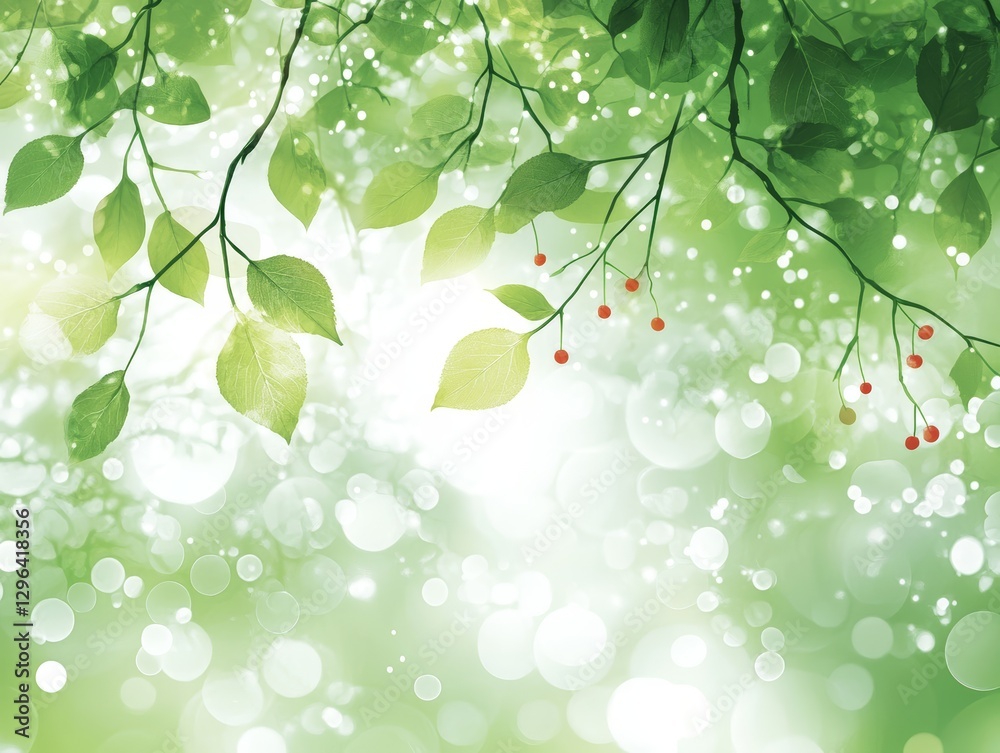 Serene Springtime Nature Scene Lush Green Leaves Red Berries Bokeh Background