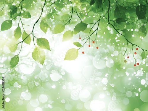 Obraz na płótnie Serene Springtime Nature Scene Lush Green Leaves Red Berries Bokeh Background w salonie