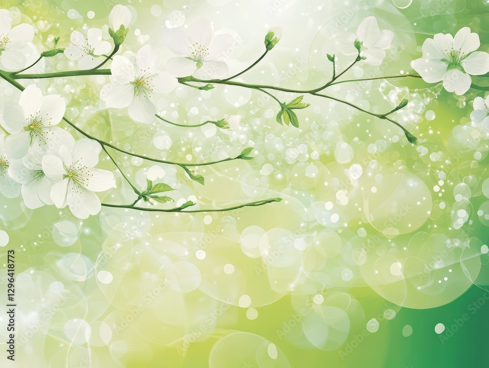 Serene Spring Blossoms Delicate White Flowers on a Soft Green Background with Sparkling Bokeh