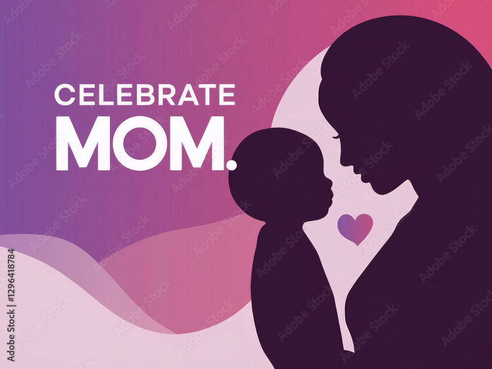 Mother and child silhouette with heart and celebrate mom text on colorful background Mother and child silhouette with heart and celebrate mom text on colorful background