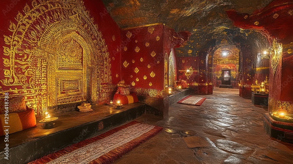 Obraz premium Ornate red and gold interior of a cave temple.