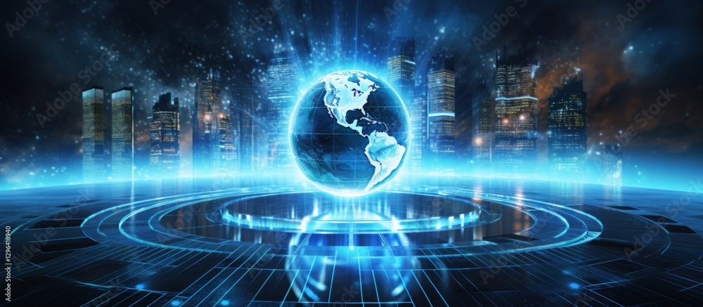 Obraz premium Digital futuristic globe communication network with neon light effect. AI generated image