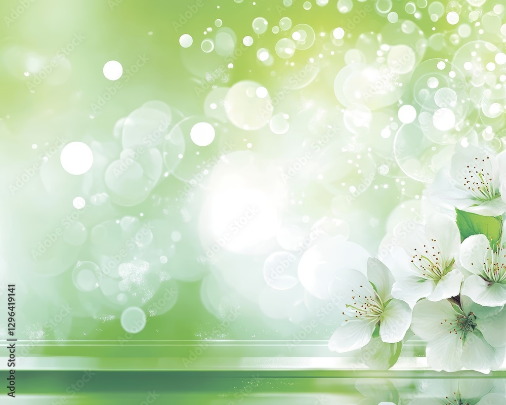 Spring Blossoms Soft Green Background with White Flowers and Bokeh Lights