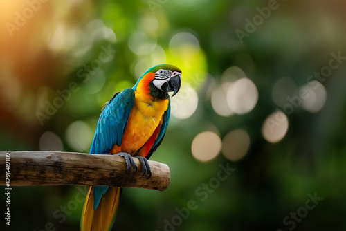 Colorful parrot perched on branch against blurred green background