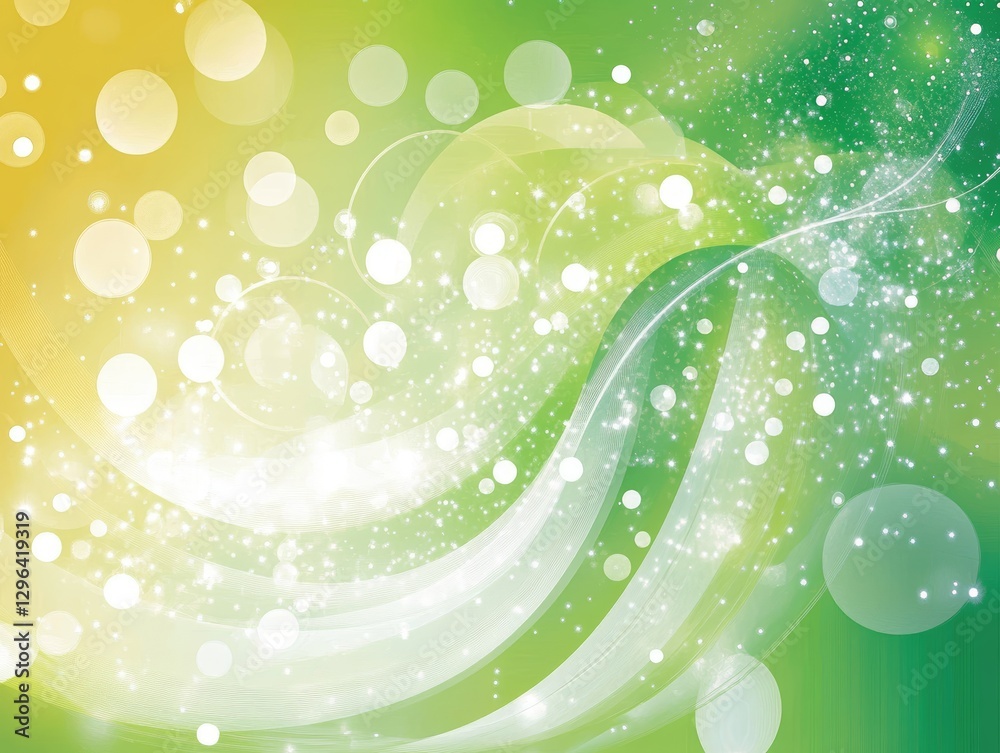 Abstract Green and Yellow Background with Sparkling Bokeh Lights and Swirling Waves