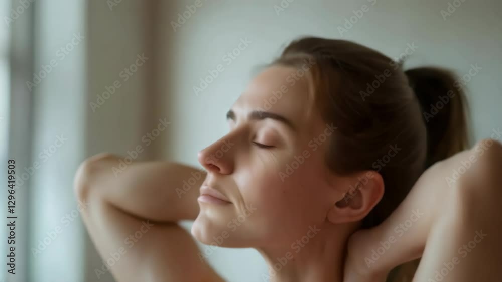 serene woman with eyes closed and hands behind her head enjoying a moment of relaxation or stretching serene woman with eyes closed and hands behind her head enjoying a moment of relaxation or stretching
