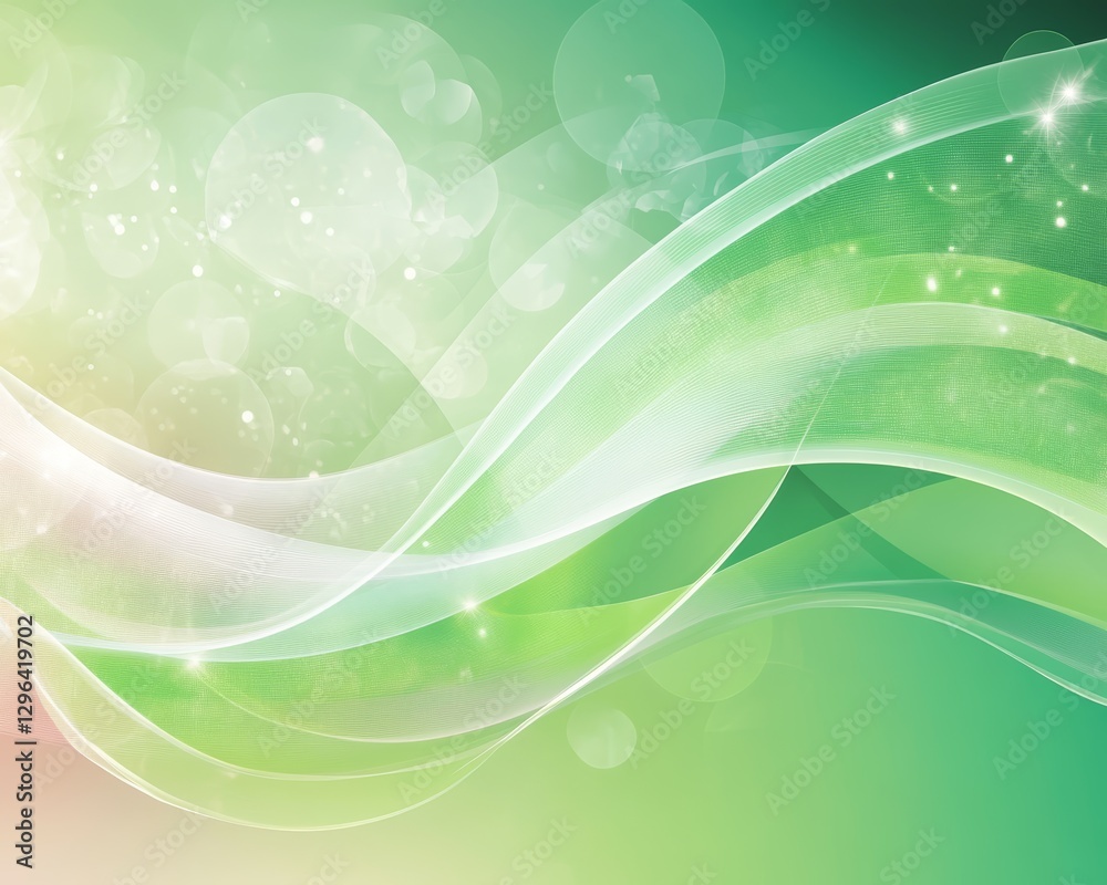 Abstract Green and White Wave Background with Soft Bokeh Lights and Glowing Particles