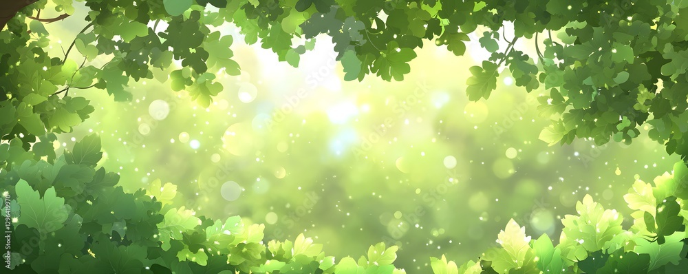 Lush green leaves frame a dreamy ethereal light filled scene Lush green leaves frame a dreamy ethereal light filled scene