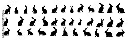 A large set of black rabbit silhouettes in a flat vector design, featuring simple shapes and flat color blocks. The rabbits are depicted in various poses, including lying down, sitting up, standing, j