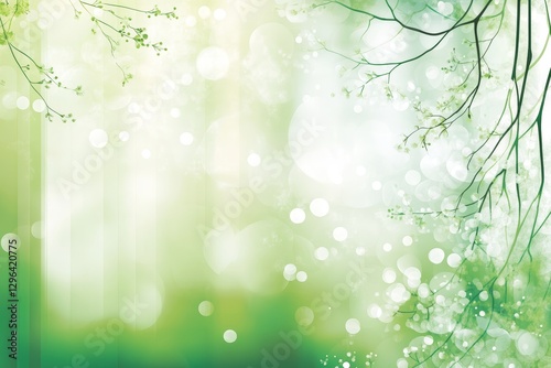 Serene Springtime Nature Scene Green Bokeh Background with Delicate Branches and Blossoms