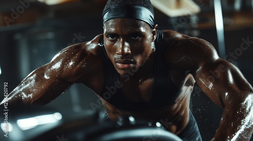 A determined male athlete pushes his limits as he sprints on a state-of-the-art running exercise machine, sweat glistening on his forehead as he focuses on his goal of achieving peak fitness.
