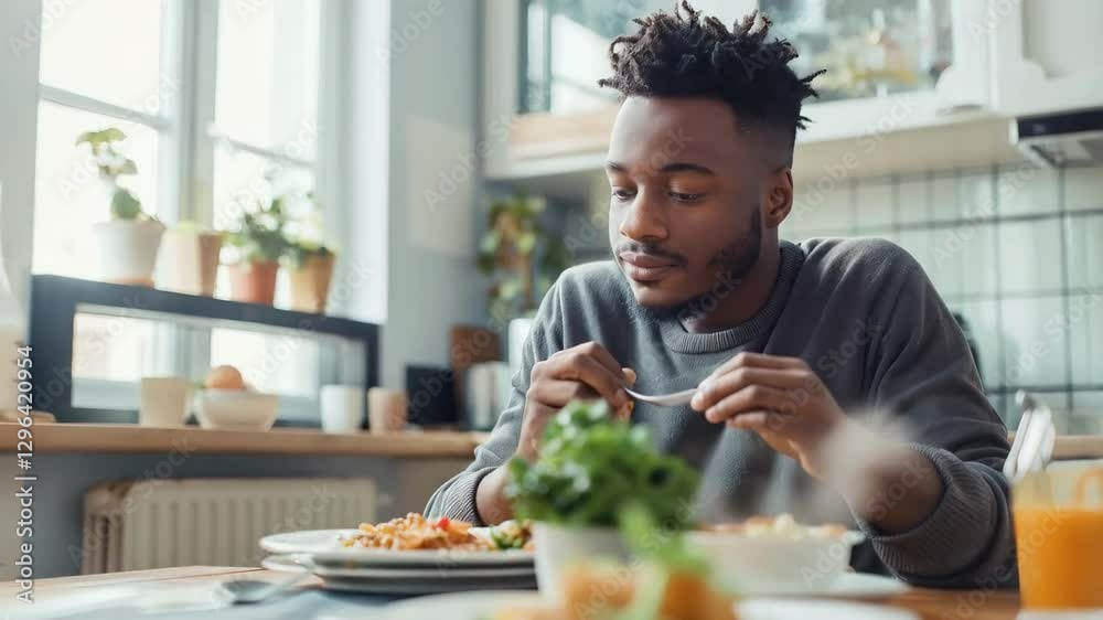 Young Black male savoring nutritious lunch, sitting at modern kitchen table, eating fresh salad with peaceful enjoyment Young Black male savoring nutritious lunch, sitting at modern kitchen table, eating fresh salad with peaceful enjoyment
