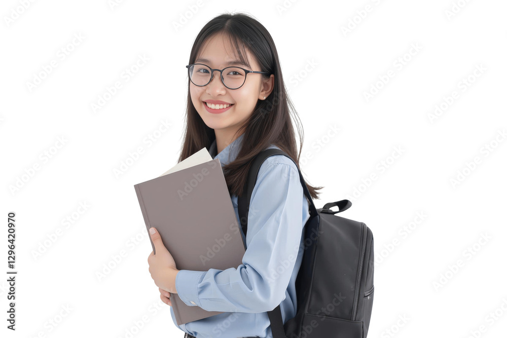 Portrait of a young student concept. Smiling student holding books with a backpack, isolated on transparent background. Portrait of a young student concept. Smiling student holding books with a backpack, isolated on transparent background.