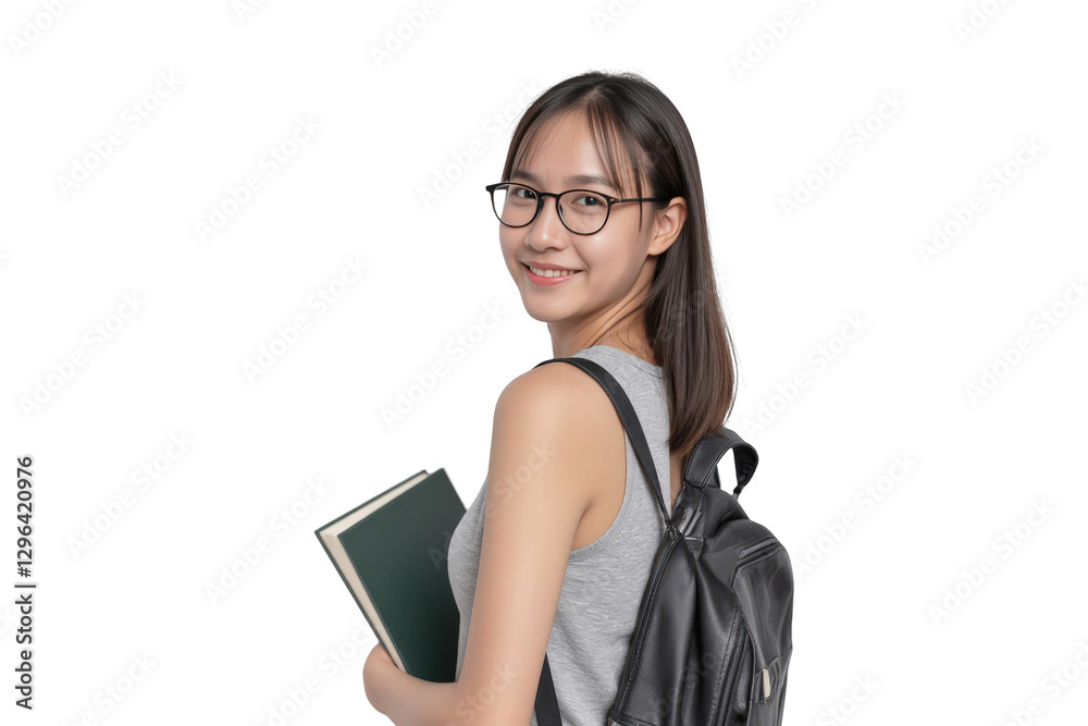 Portrait of a young student concept. Confident student with glasses holding a notebook and wearing a backpack, isolated on transparent background. Portrait of a young student concept. Confident student with glasses holding a notebook and wearing a backpack, isolated on transparent background.