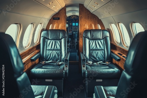 A private jet interior, featuring plush leather seats, wood paneling, and personalized service from a flight attendant 