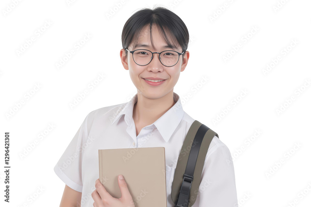 Portrait of a young student concept. Smiling student holding a notebook, wearing glasses and a backpack, isolated on transparent background. Portrait of a young student concept. Smiling student holding a notebook, wearing glasses and a backpack, isolated on transparent background.