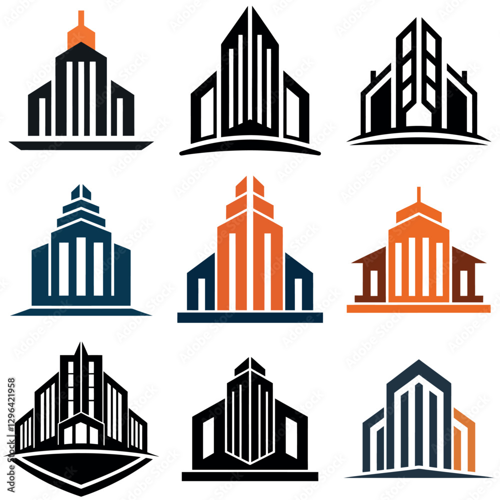 A set of Building logo concept, building icon, vector silhouette, isolated white background A set of Building logo concept, building icon, vector silhouette, isolated white background