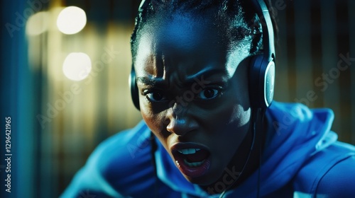A determined black sportswoman, her earphones blasting motivating beats, pushed herself to her limit, her focused expression illuminated by the intensity of her exercise routine.