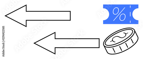 Arrows pointing in opposite directions between percentage tickets representing discounts and a coin. Ideal for concepts thumbs up exchange, trading, savings, finance, investment, transactions, value