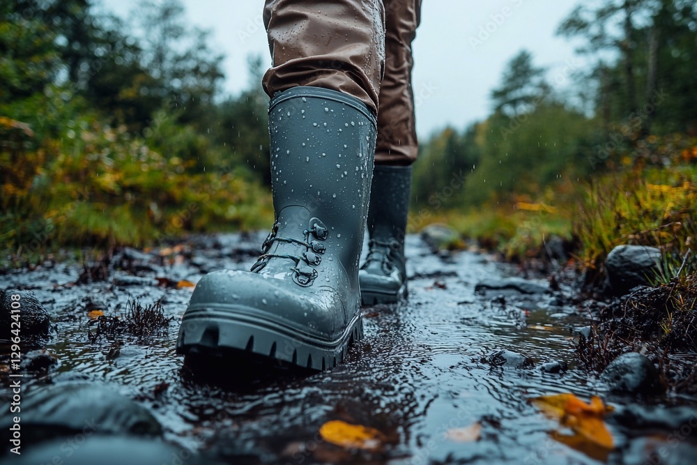 Man in rubber boots walking through marshy area after rain.
Man in rubber boots walking through marshy area after rain.
