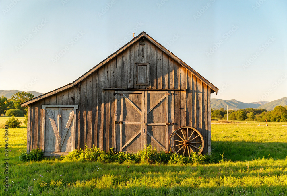 Obraz premium Charming wooden barn in green meadow, rustic countryside beauty