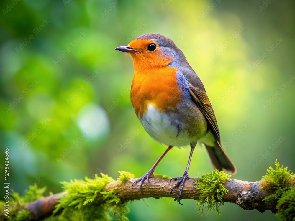 European Robin Bird on Branch in Forest - Cute Wildlife Stock Photo European Robin Bird on Branch in Forest - Cute Wildlife Stock Photo