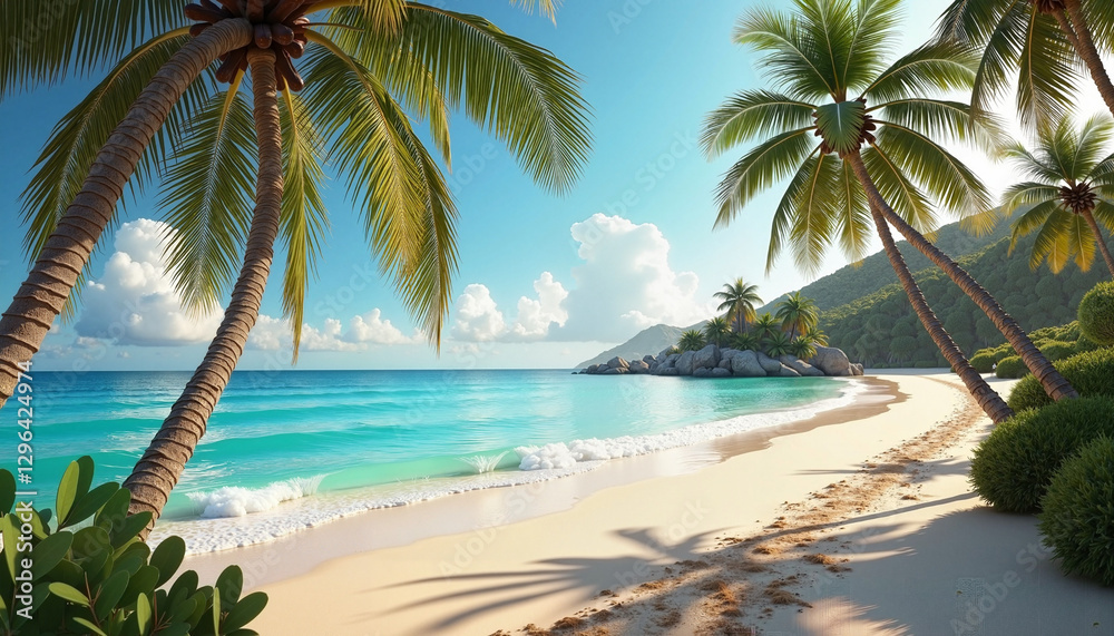 Fototapeta premium Idyllic tropical beach with palm trees, turquoise water, serenity