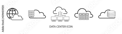 Data center icon set. Cloud technology, data center, connection network, digital service, database platform. Editable stroke