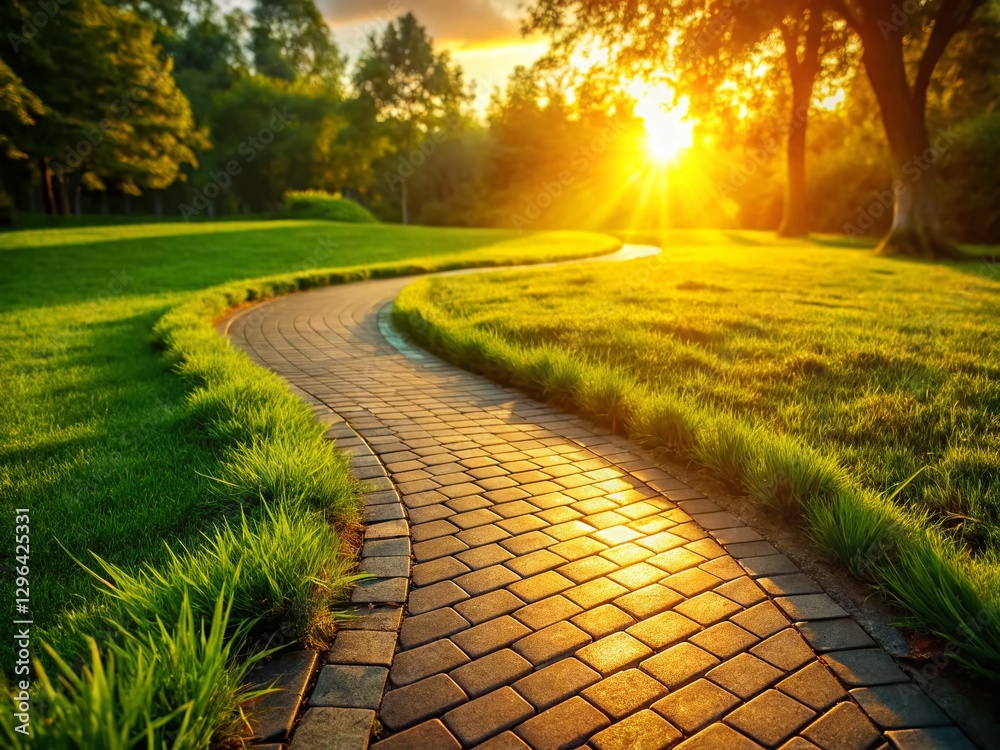 Obraz premium Evening Sunlit Brick Walkway in Green Grass Garden - Peaceful Landscape