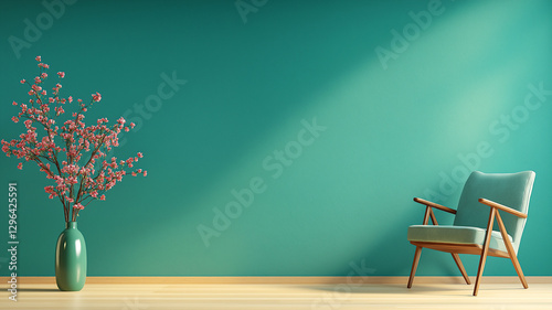 serene interior featuring teal green wall, stylish chair, and vase with pink flowers creates calming atmosphere. design emphasizes simplicity and elegance