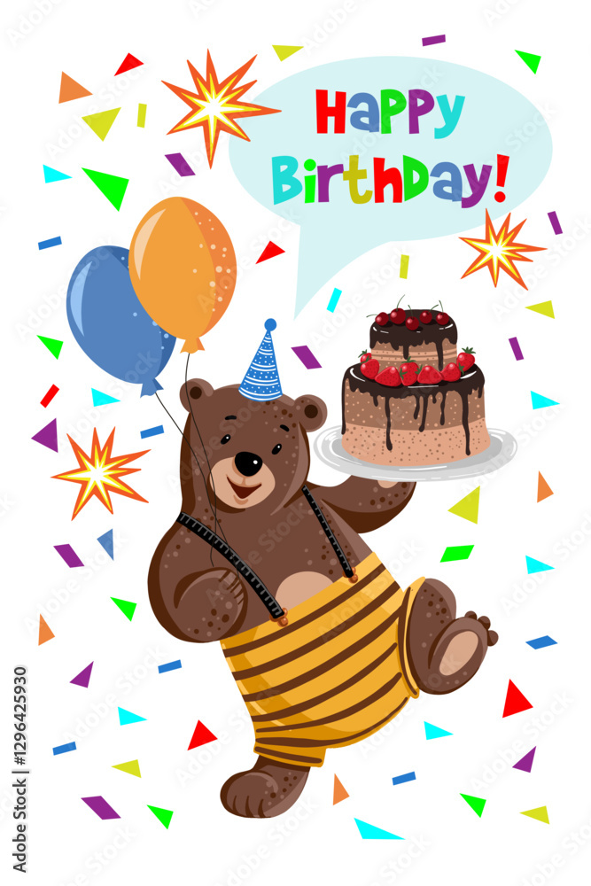 Naklejka premium Birthday card with Cute cartoon bear with balloons and cake. Vector illustration
