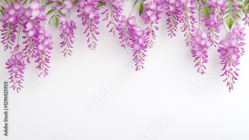 Wisteria flowers in vibrant purple hues hang gracefully against white background, creating serene and elegant atmosphere. Perfect for floral designs and nature themes